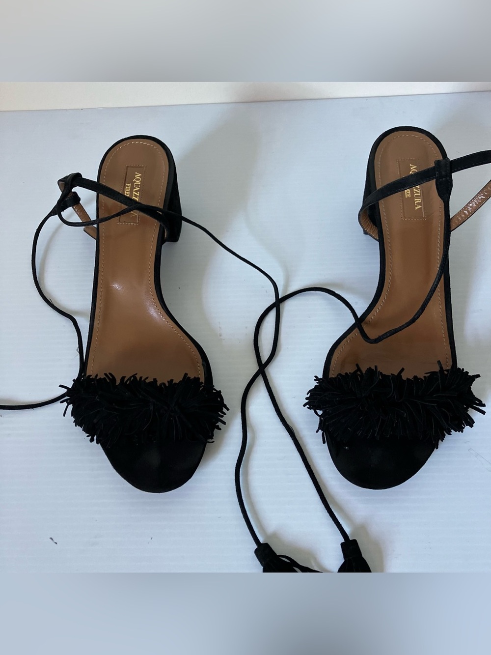 Aquazzura Black Tassel Lace-Up Block Heel Sandals | Designer Heels size 40.5 - Picture 3 of 12